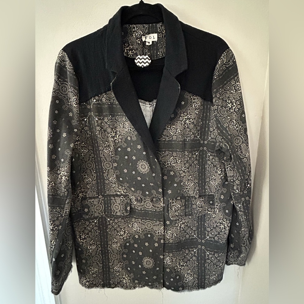 Pol Black And Gray Bandana Print Patchwork Blazer… - image 1